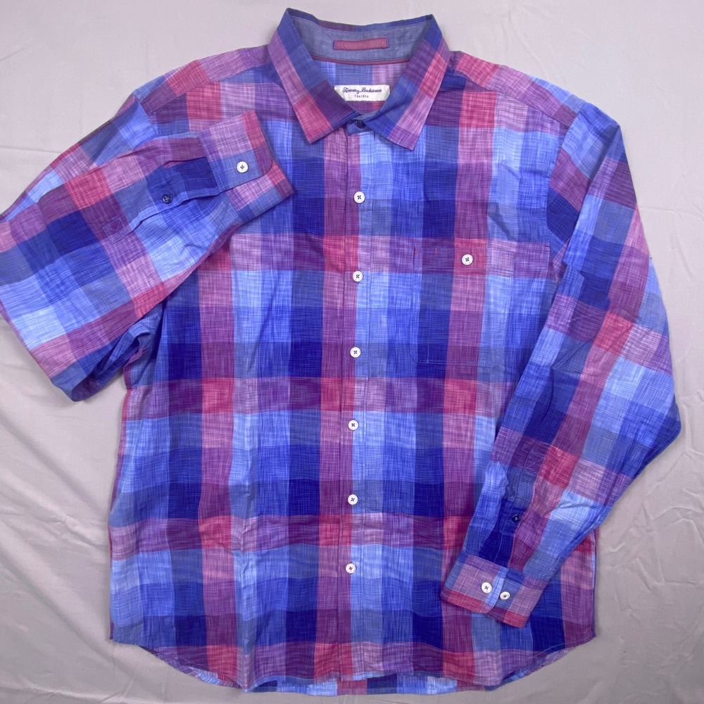 Tommy Bahama Tortola Shirt Mens XL Blue Pink Plaid Cotton Tencel Long Sleeve - Picture 2 of 11